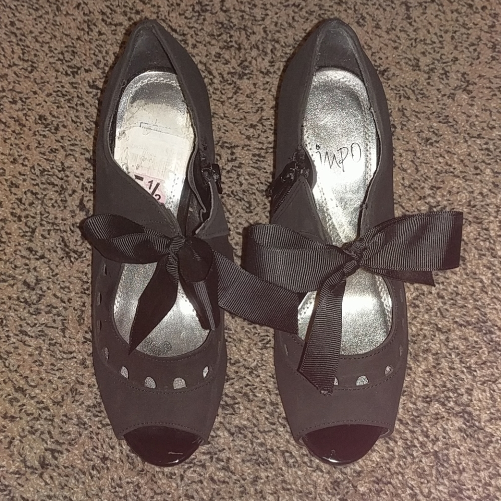 Impo Black Peeptoe Heels with Bow